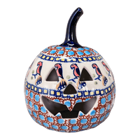 A picture of a Polish Pottery Small Pumpkin (Ptak Parade) | L021S-KLP as shown at PolishPotteryOutlet.com/products/small-pumpkin-klp-l021s-klp