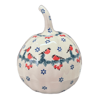 A picture of a Polish Pottery Small Pumpkin (Red Bird) | L021T-GILE as shown at PolishPotteryOutlet.com/products/small-pumpkin-red-bird-l021t-gile