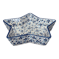 A picture of a Polish Pottery Star-Shaped Baker (Scattered Blues) | M045S-AS45 as shown at PolishPotteryOutlet.com/products/star-shaped-bowl-baker-scattered-blues-m045s-as45