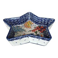 A picture of a Polish Pottery Star-Shaped Bowl/Baker (Brilliant Garden) | M045S-DPLW as shown at PolishPotteryOutlet.com/products/star-shaped-bowl-brilliant-garden-m045s-dplw