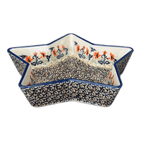 A picture of a Polish Pottery Star-Shaped Baker (Hummingbird Harvest) | M045S-JZ35 as shown at PolishPotteryOutlet.com/products/star-shaped-bowl-baker-hummingbird-harvest-m045s-jz35