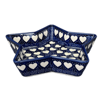 A picture of a Polish Pottery Star-Shaped Bowl/Baker (Sea of Hearts) | M045T-SEA as shown at PolishPotteryOutlet.com/products/star-shaped-bowl-baker-sea-of-hearts-m045t-sea