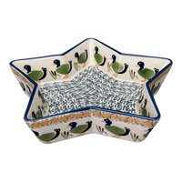 A picture of a Polish Pottery Star-Shaped Baker (Ducks in a Row) | M045U-P323 as shown at PolishPotteryOutlet.com/products/star-shaped-bowl-baker-ducks-in-a-row-m045u-p323