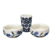 A picture of a Polish Pottery Salt & Pepper Cellar (Lily of the Valley) | M067T-ASD as shown at PolishPotteryOutlet.com/products/divided-salt-pepper-cellar-lily-of-the-valley-m067t-asd