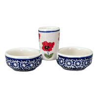 A picture of a Polish Pottery Salt & Pepper Cellar (Poppy Garden) | M067T-EJ01 as shown at PolishPotteryOutlet.com/products/divided-salt-pepper-cellar-poppy-garden-m067t-ej01