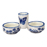 A picture of a Polish Pottery Salt & Pepper Cellar (Butterfly Garden) | M067T-MOT1 as shown at PolishPotteryOutlet.com/products/divided-salt-pepper-cellar-butterfly-garden-m067t-mot1
