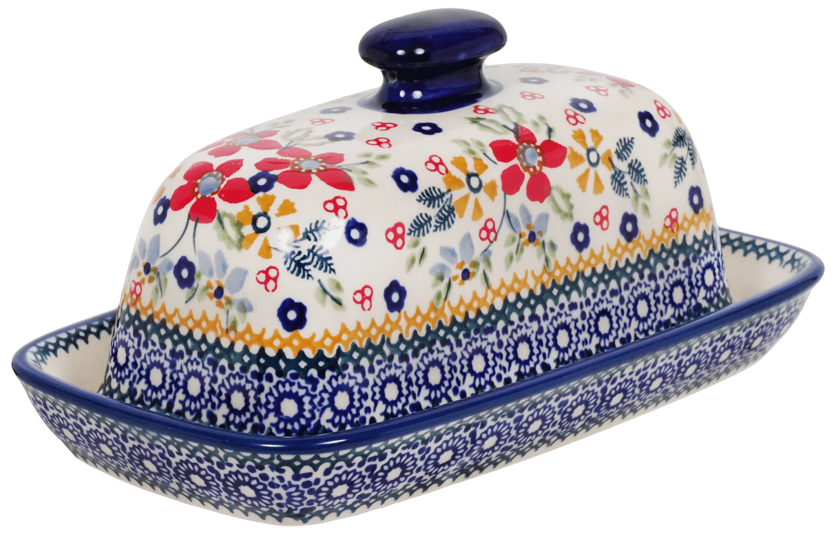 Butter Dish, American, 4" x 7.5" in "Ruby Bouquet" by Manufaktura | M074S-DPCS