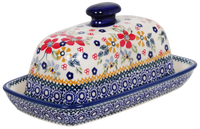 A picture of a Polish Pottery American Butter Dish (Ruby Bouquet) | M074S-DPCS as shown at PolishPotteryOutlet.com/products/american-butter-dish-ruby-bouquet