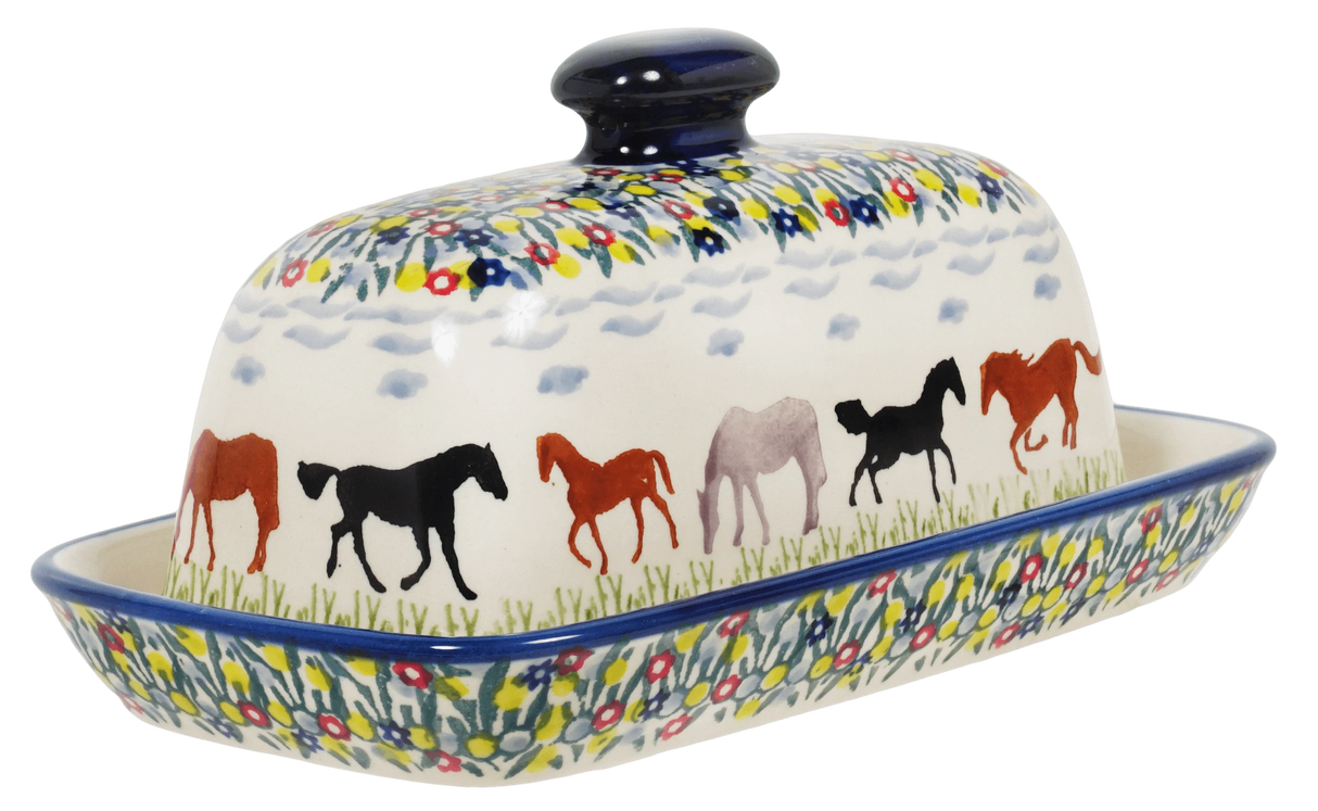 Butter Dish, American, 4" x 7.5" in "Wild Horses" by Manufaktura | M074S-INK1