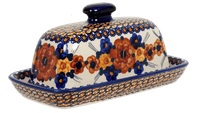 A picture of a Polish Pottery American Butter Dish (Bouquet in a Basket) | M074S-JZK as shown at PolishPotteryOutlet.com/products/american-butter-dish-bouquet-in-a-basket