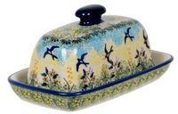 A picture of a Polish Pottery American Butter Dish (Soaring Swallows) | M074S-WK57 as shown at PolishPotteryOutlet.com/products/american-butter-dish-soaring-swallows