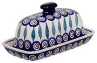 A picture of a Polish Pottery American Butter Dish (Peacock) | M074T-54 as shown at PolishPotteryOutlet.com/products/american-butter-dish-peacock