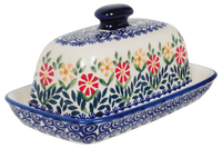 A picture of a Polish Pottery American Butter Dish (Flower Power) | M074T-JS14 as shown at PolishPotteryOutlet.com/products/american-butter-dish-flower-power
