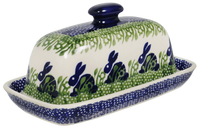 A picture of a Polish Pottery American Butter Dish (Bunny Love) | M074T-P324 as shown at PolishPotteryOutlet.com/products/american-butter-dish-bunny-love