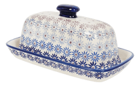 A picture of a Polish Pottery Butter Dish, American, 4" x 7.5" in "Dusty Daisy Chain" by Manufaktura | M074U-AS55 as shown at PolishPotteryOutlet.com/products/american-butter-dish-dusty-daisy-chain