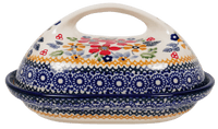 A picture of a Polish Pottery Fancy Butter Dish (Ruby Bouquet) | M077S-DPCS as shown at PolishPotteryOutlet.com/products/the-fancy-butter-dish-ruby-bouquet