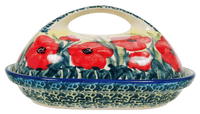 A picture of a Polish Pottery Fancy Butter Dish (Poppies in Bloom) | M077S-JZ34 as shown at PolishPotteryOutlet.com/products/the-fancy-butter-dish-poppies-in-bloom
