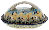 A picture of a Polish Pottery Fancy Butter Dish (Soaring Swallows) | M077S-WK57 as shown at PolishPotteryOutlet.com/products/fancy-butter-dish-soaring-swallows-m077s-wk57