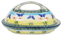 A picture of a Polish Pottery Fancy Butter Dish (Butterflies In Flight) | M077S-WKM as shown at PolishPotteryOutlet.com/products/the-fancy-butter-dish-butterflies-in-flight