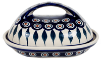 A picture of a Polish Pottery Fancy Butter Dish (Peacock) | M077T-54 as shown at PolishPotteryOutlet.com/products/the-fancy-butter-dish-peacock