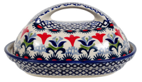 A picture of a Polish Pottery Fancy Butter Dish (Scandinavian Scarlet) | M077U-P295 as shown at PolishPotteryOutlet.com/products/the-fancy-butter-dish-scandinavian-scarlet