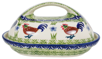 A picture of a Polish Pottery Fancy Butter Dish (Chicken Dance) | M077U-P320 as shown at PolishPotteryOutlet.com/products/the-fancy-butter-dish-chicken-dance