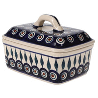 A picture of a Polish Pottery Butter Box (Peacock) | M078T-54 as shown at PolishPotteryOutlet.com/products/butter-box-peacock