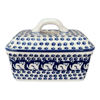 A picture of a Polish Pottery Butter Box (Kitty Cat Path) | M078T-KOT6 as shown at PolishPotteryOutlet.com/products/butter-box-kitty-cat-path-m078t-kot6