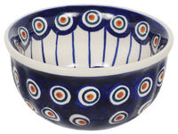 A picture of a Polish Pottery 4.5" Bowl (Peacock in Line) | M082T-54A as shown at PolishPotteryOutlet.com/products/45-bowls-peacock-in-line
