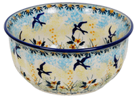 A picture of a Polish Pottery 5.5" Bowl (Soaring Swallows) | M083S-WK57 as shown at PolishPotteryOutlet.com/products/55-bowls-soaring-swallows
