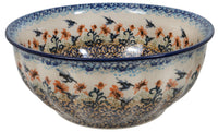 A picture of a Polish Pottery 9" Bowl (Hummingbird Harvest) | M086S-JZ35 as shown at PolishPotteryOutlet.com/products/9-bowl-hummingbird-harvest