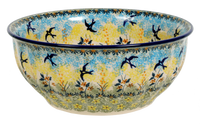 A picture of a Polish Pottery 9" Bowl (Soaring Swallows) | M086S-WK57 as shown at PolishPotteryOutlet.com/products/9-bowls-soaring-swallows