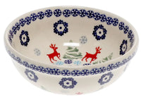 A picture of a Polish Pottery 6" Bowl (Reindeer Games) | M089T-BL07 as shown at PolishPotteryOutlet.com/products/6-bowl-reindeer-games-m089t-bl07