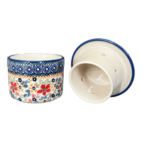 A picture of a Polish Pottery Butter Crock (Ruby Bouquet) | M136S-DPCS as shown at PolishPotteryOutlet.com/products/butter-crock-ruby-bouquet-m136s-dpsc