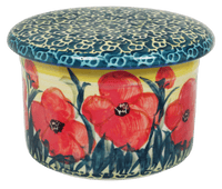 A picture of a Polish Pottery Butter Crock (Poppies in Bloom) | M136S-JZ34 as shown at PolishPotteryOutlet.com/products/butter-crock-poppies-in-bloom
