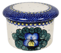 A picture of a Polish Pottery Butter Crock (Pansies) | M136S-JZB as shown at PolishPotteryOutlet.com/products/butter-bell-pansies