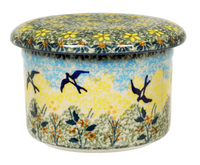 A picture of a Polish Pottery Butter Crock (Soaring Swallows) | M136S-WK57 as shown at PolishPotteryOutlet.com/products/butter-bell-soaring-swallows-1