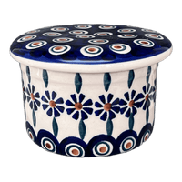 A picture of a Polish Pottery Butter Crock (Floral Peacock) | M136T-54KK as shown at PolishPotteryOutlet.com/products/butter-crock-floral-peaock-m136t-54kk