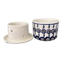 A picture of a Polish Pottery Butter Crock (Floral Peacock) | M136T-54KK as shown at PolishPotteryOutlet.com/products/butter-crock-floral-peaock-m136t-54kk