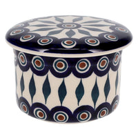 A picture of a Polish Pottery Butter Crock (Peacock) | M136T-54 as shown at PolishPotteryOutlet.com/products/butter-crock-peacock-m136t-54