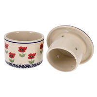A picture of a Polish Pottery Butter Crock (Poppy Garden) | M136T-EJ01 as shown at PolishPotteryOutlet.com/products/butter-crock-poppy-garden-m136t-ej01