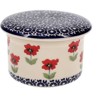 A picture of a Polish Pottery Butter Crock (Poppy Garden) | M136T-EJ01 as shown at PolishPotteryOutlet.com/products/butter-crock-poppy-garden-m136t-ej01