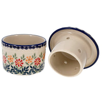 A picture of a Polish Pottery Butter Crock (Flower Power) | M136T-JS14 as shown at PolishPotteryOutlet.com/products/butter-crock-flower-power-m136t-js14