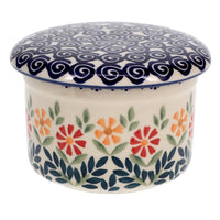 A picture of a Polish Pottery Butter Crock (Flower Power) | M136T-JS14 as shown at PolishPotteryOutlet.com/products/butter-crock-flower-power-m136t-js14