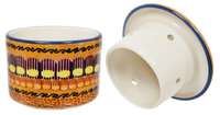 A picture of a Polish Pottery Butter Crock (Desert Sunrise) | M136U-KLJ as shown at PolishPotteryOutlet.com/products/butter-crock-desert-sunrise
