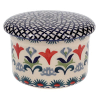 A picture of a Polish Pottery Butter Crock (Scandinavian Scarlet) | M136U-P295 as shown at PolishPotteryOutlet.com/products/butter-crock-scandinavian-scarlet-m136u-p295