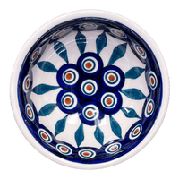 A picture of a Polish Pottery Dipping Bowl (Peacock) | M153T-54 as shown at PolishPotteryOutlet.com/products/dipping-bowl-peacock-m153t-54