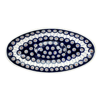 A picture of a Polish Pottery Small Oblong Serving Bowl (Peacock in Line) | M167T-54A as shown at PolishPotteryOutlet.com/products/small-oblong-serving-bowl-peacock-in-line-m167t-54a