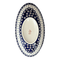 A picture of a Polish Pottery Large Oblong Serving Bowl (Peacock in Line) | M168T-54A as shown at PolishPotteryOutlet.com/products/large-oblong-serving-bowl-peacock-in-line-m168t-54a