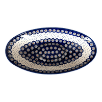 A picture of a Polish Pottery Large Oblong Serving Bowl (Peacock Dot) | M168U-54K as shown at PolishPotteryOutlet.com/products/large-oblong-serving-bowl-peacock-dot-m168u-54k